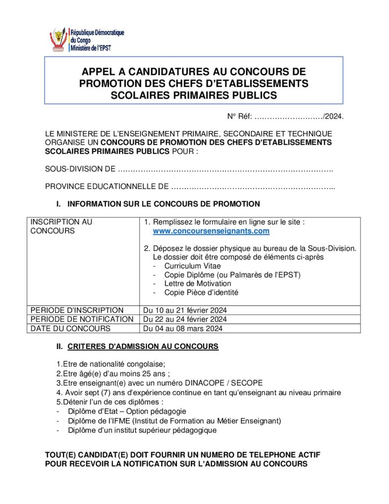 APPEL A CANDIDATURES AU CONCOURS DEPROMOTION DES CHEFS D’ETABLISSEMENTSSCOLAIRES PRIMAIRES PUBLICS