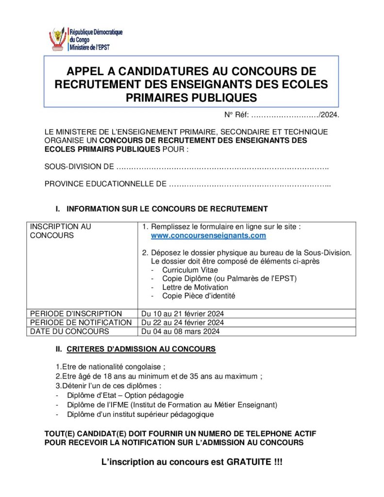 APPEL A CANDIDATURES AU CONCOURS DERECRUTEMENT DES ENSEIGNANTS DES ECOLESPRIMAIRES PUBLIQUES