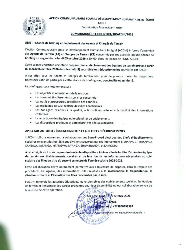 COMMUNIQUÉ OFFICIEL N° ……/ACDHI/2026